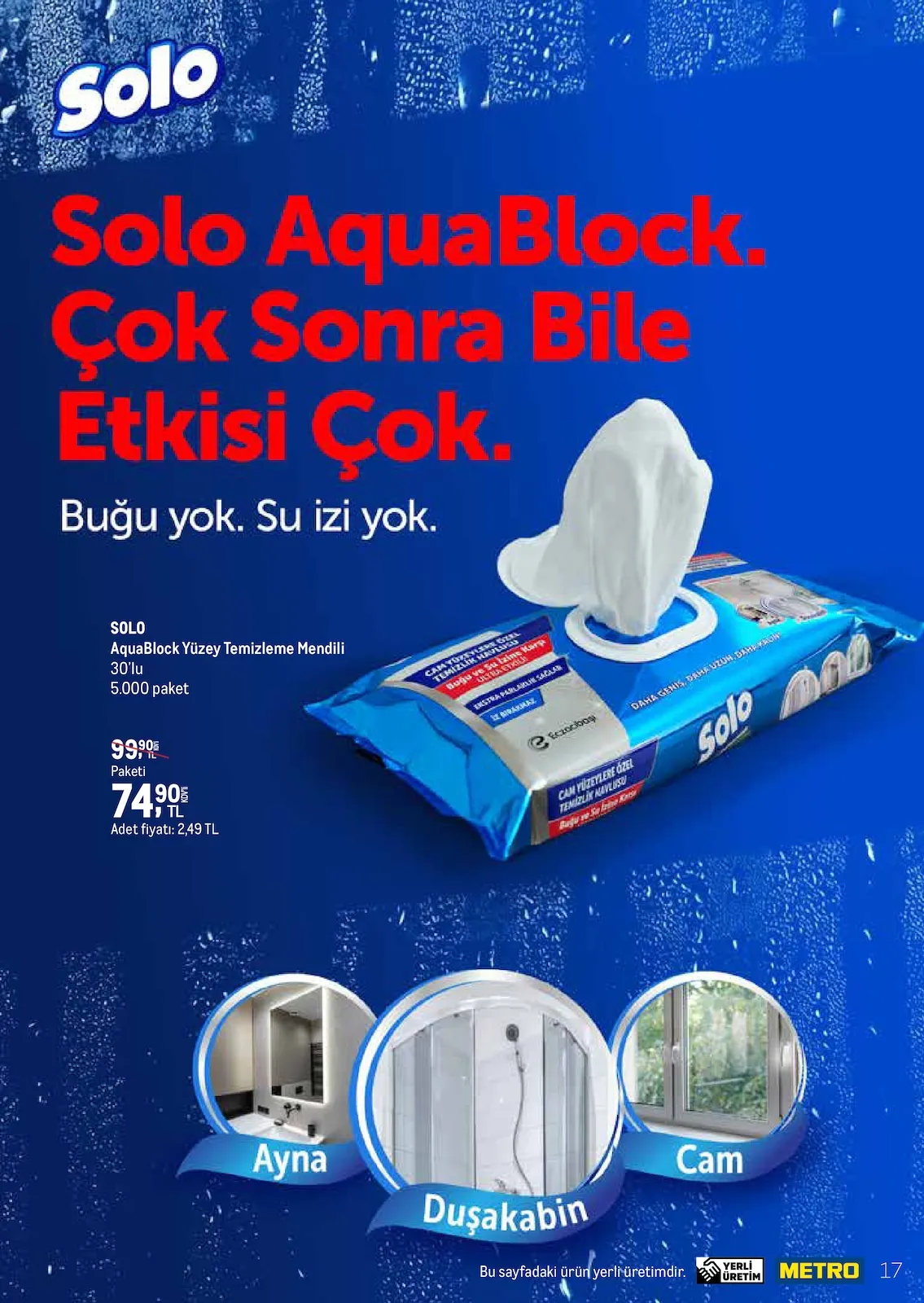 Metro Metro 1 Mart 2026 Aktüel Kataloğu sayfa 17: Solo Aquablock Yüzey Temizleme Mendili 30'Lu