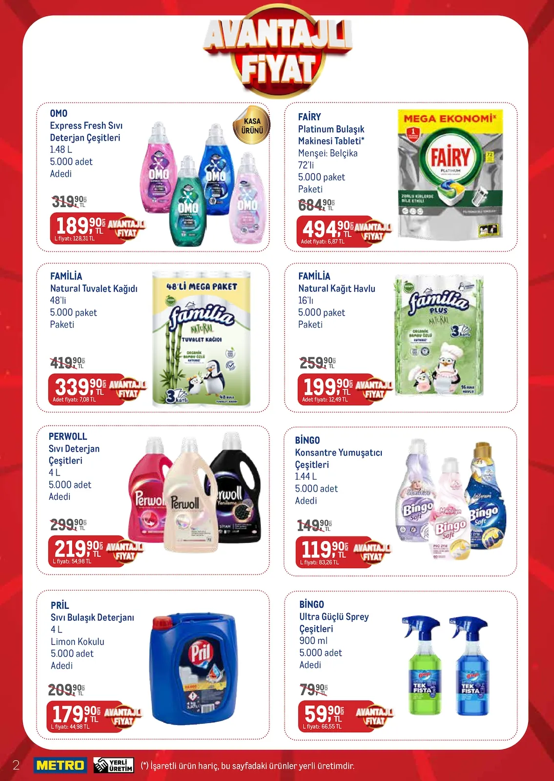Metro Metro 1 Mart 2026 Aktüel Kataloğu sayfa 2: Fairy Platinum Bulaşık Makinesi Tableti* 72'Li 5.000 Paket Paketi, Bingo Ultra Güçlü Sprey Çeşitleri 900 Ml 5.000 Adet Adedi