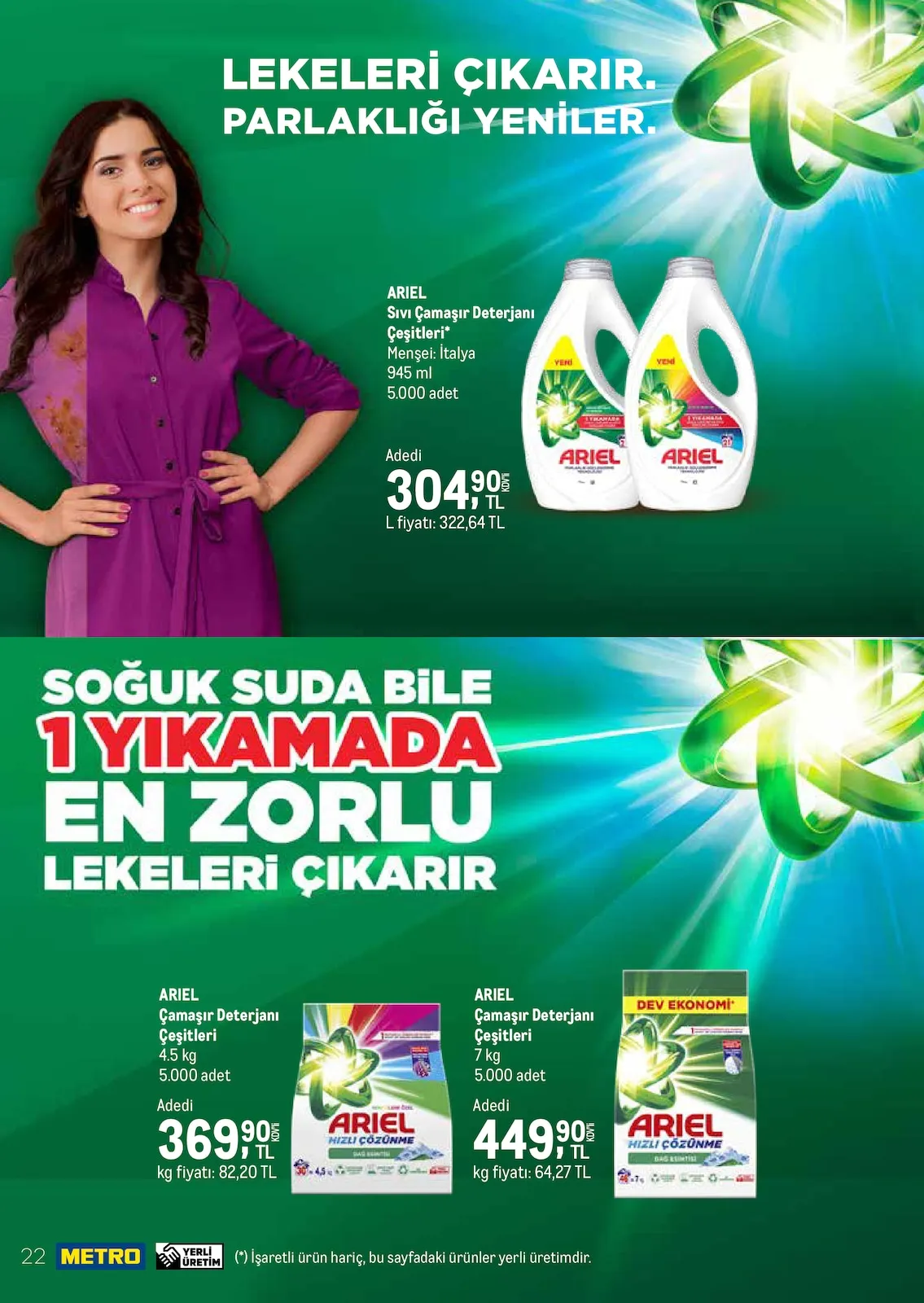 Metro Metro 1 Mart 2026 Aktüel Kataloğu sayfa 22: Ariel Sıvı Çamaşır Deterjanı 945 Ml, Ariel Çamaşır Deterjanı 7 Kg