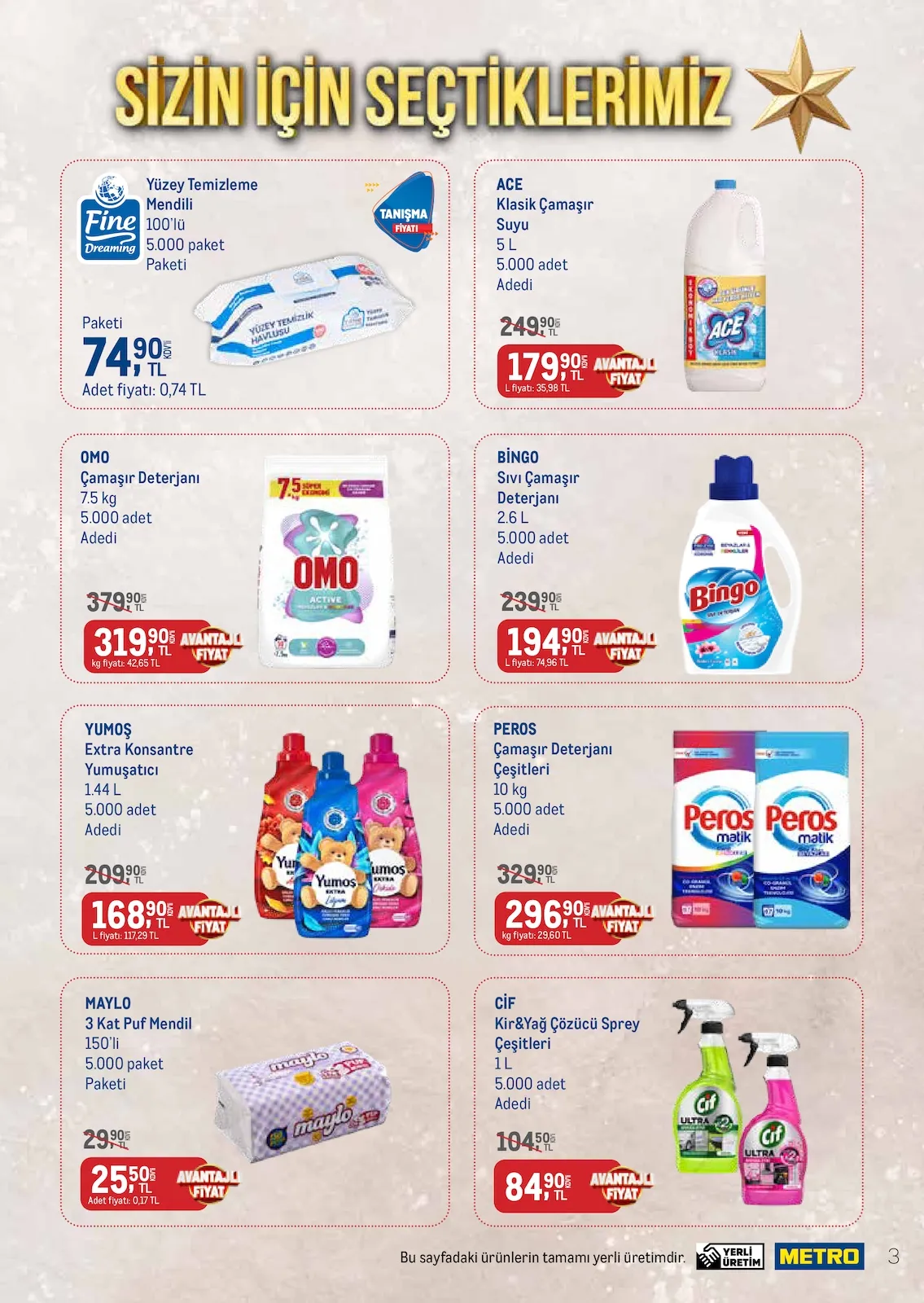 Metro Metro 1 Mart 2026 Aktüel Kataloğu sayfa 3: Peros Çamaşır Deterjanı Çeşitleri 10 Kg, Fine Dreaming Yüzey Temizleme Mendili 100'Lü