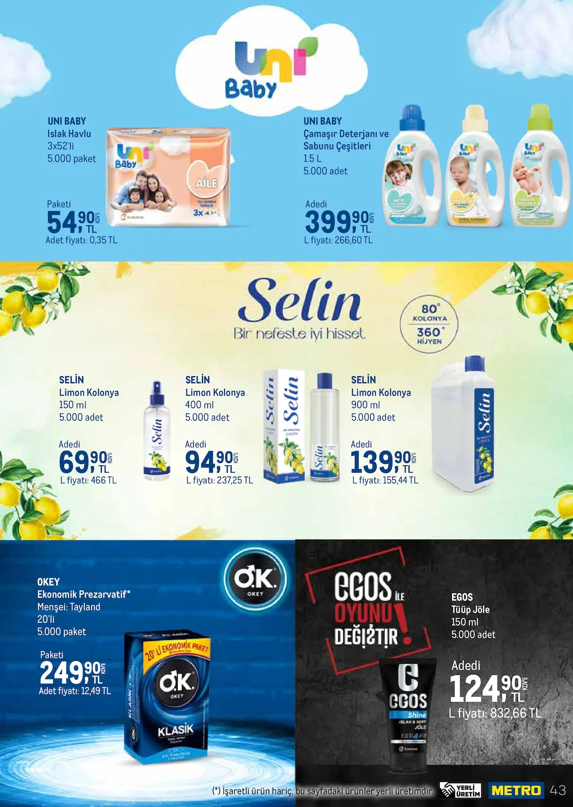 Metro Metro 1 Mart 2026 Aktüel Kataloğu sayfa 43: Selin Limon Kolonya 150 Ml, Egos Tüüp Jöle 150 Ml