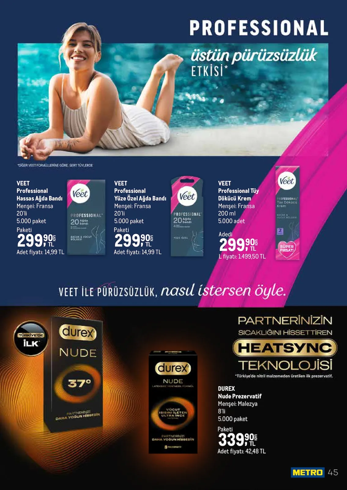 Metro Metro 1 Mart 2026 Aktüel Kataloğu sayfa 45: Veet Professional Hassas Ağda Bandı, Veet Professional Tüy Dökücü Krem