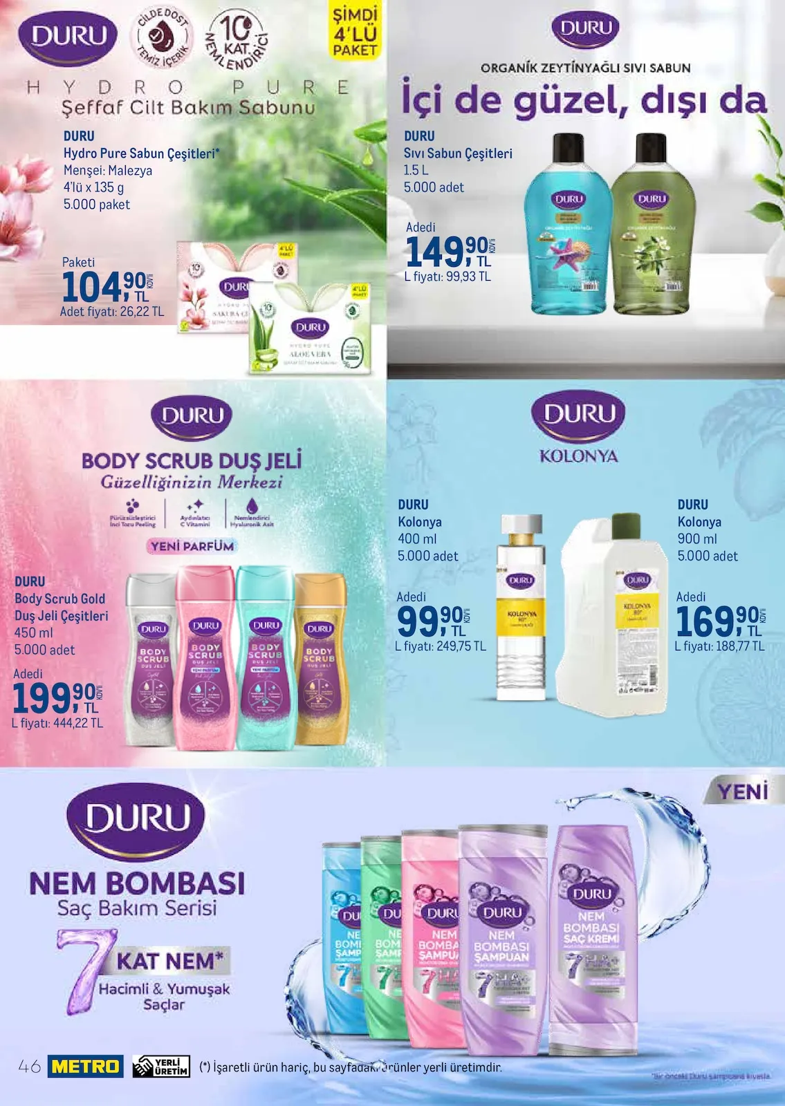 Metro Metro 1 Mart 2026 Aktüel Kataloğu sayfa 46: Duru Body Scrub Gold Duş Jeli Çeşitleri 450 Ml, Duru Hydro Pure Sabun Çeşitleri 4'Lü X 135 G