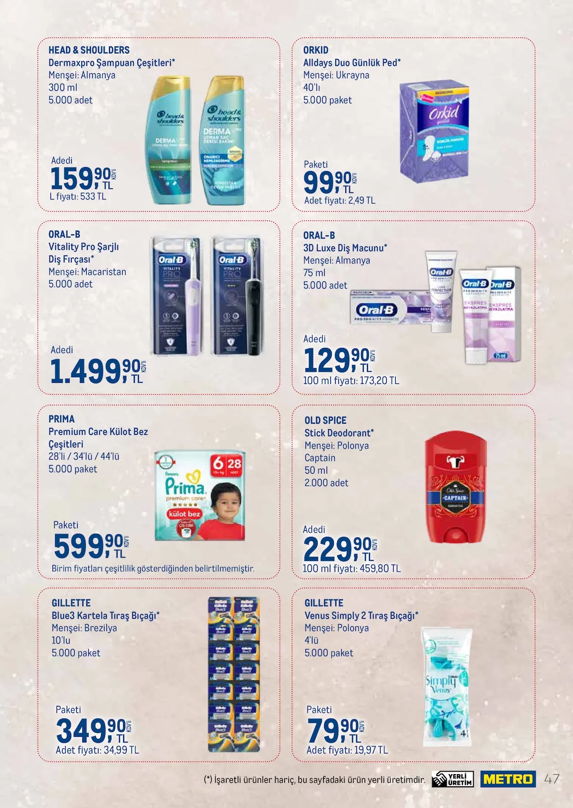 Metro Metro 1 Mart 2026 Aktüel Kataloğu sayfa 47: Oral-B 3D Luxe Diş Macunu, Gillette Blue3 Kartela Tıraş Bıçağı