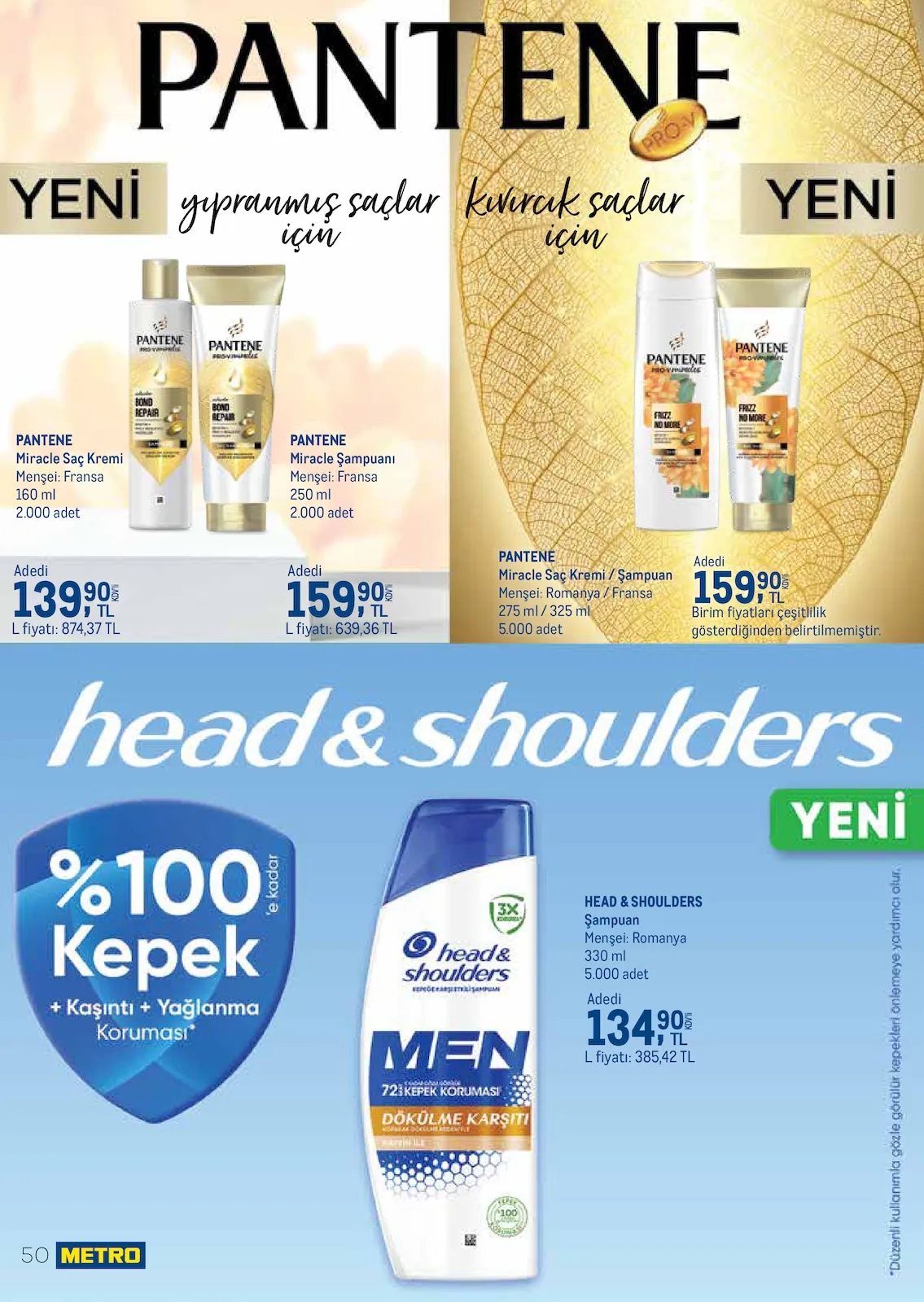 Metro Metro 1 Mart 2026 Aktüel Kataloğu sayfa 50: Pantene Miracle Saç Kremi / Şampuan 275 Ml / 325 Ml, Head & Shoulders Şampuan 330 Ml