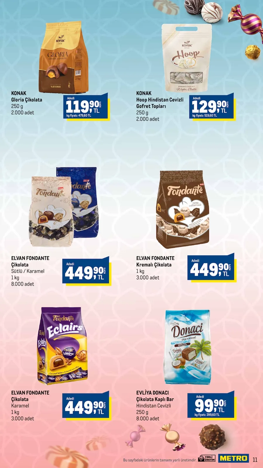 Metro Metro 10 Mart 2026 Aktüel Kataloğu sayfa 11: Elvan Fondante Kremalı Çikolata 1 Kg, Evliya Donaci Çikolata Kaplı Bar 250 G