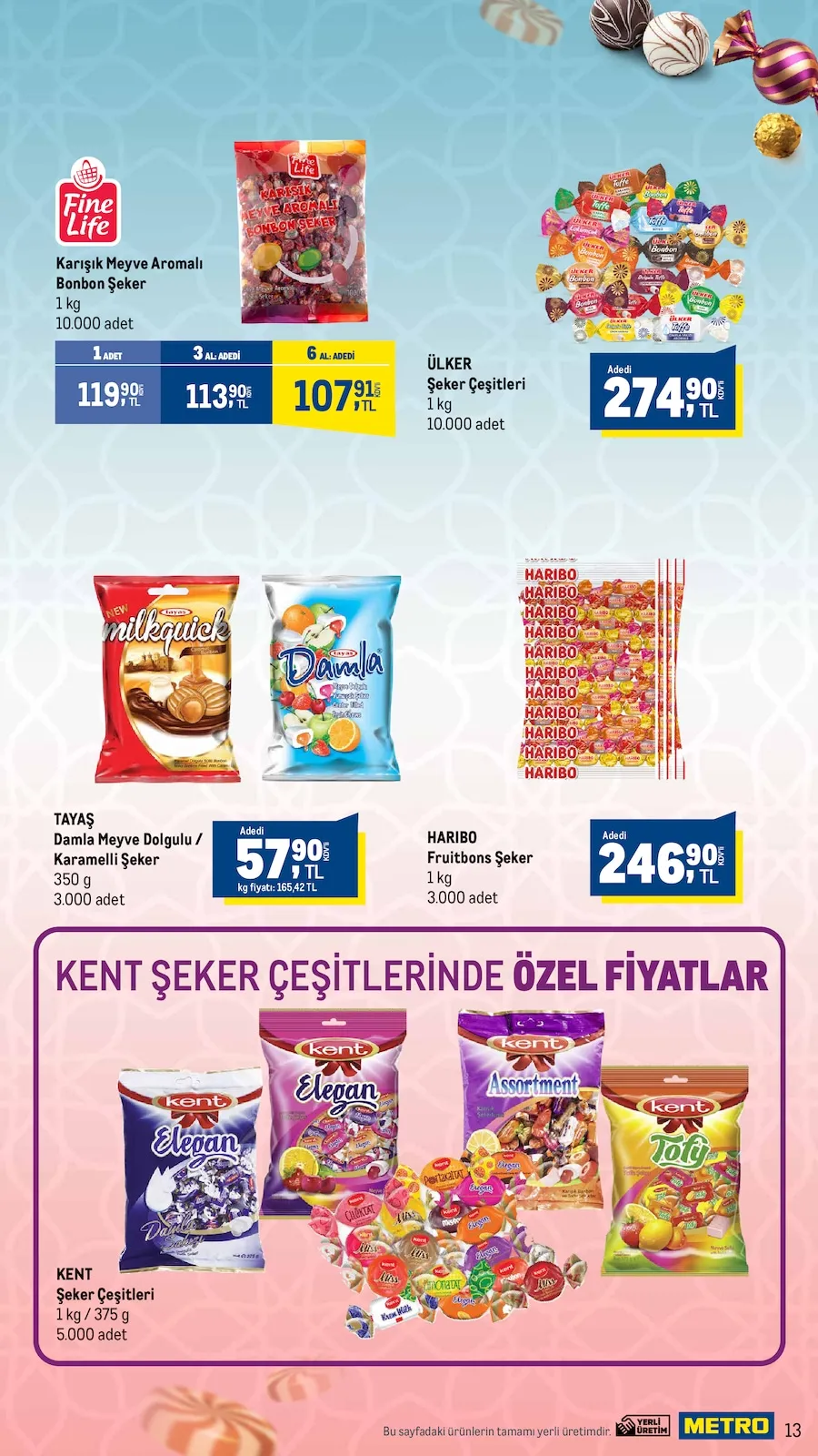 Metro Metro 10 Mart 2026 Aktüel Kataloğu sayfa 13: Fine Life Karışık Meyve Aromalı Bonbon Şeker 1 Kg, Haribo Fruitbons Şeker 1 Kg