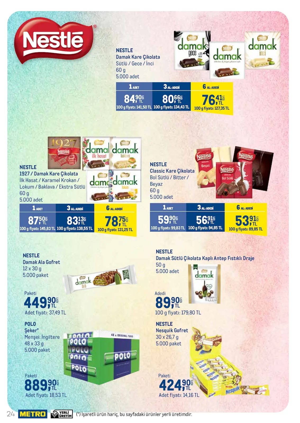 Metro Metro 17 Mart 2026 Aktüel Kataloğu sayfa 23: Nestle 1927 / Damak Kare Çikolata İlk Hasat / Karamel Krokan / Lokum / Baklava / Ekstra Sütlü 60 G, Nestle Classic Kare Çikolata Bol Sütlü / Bitter / Beyaz 60 G