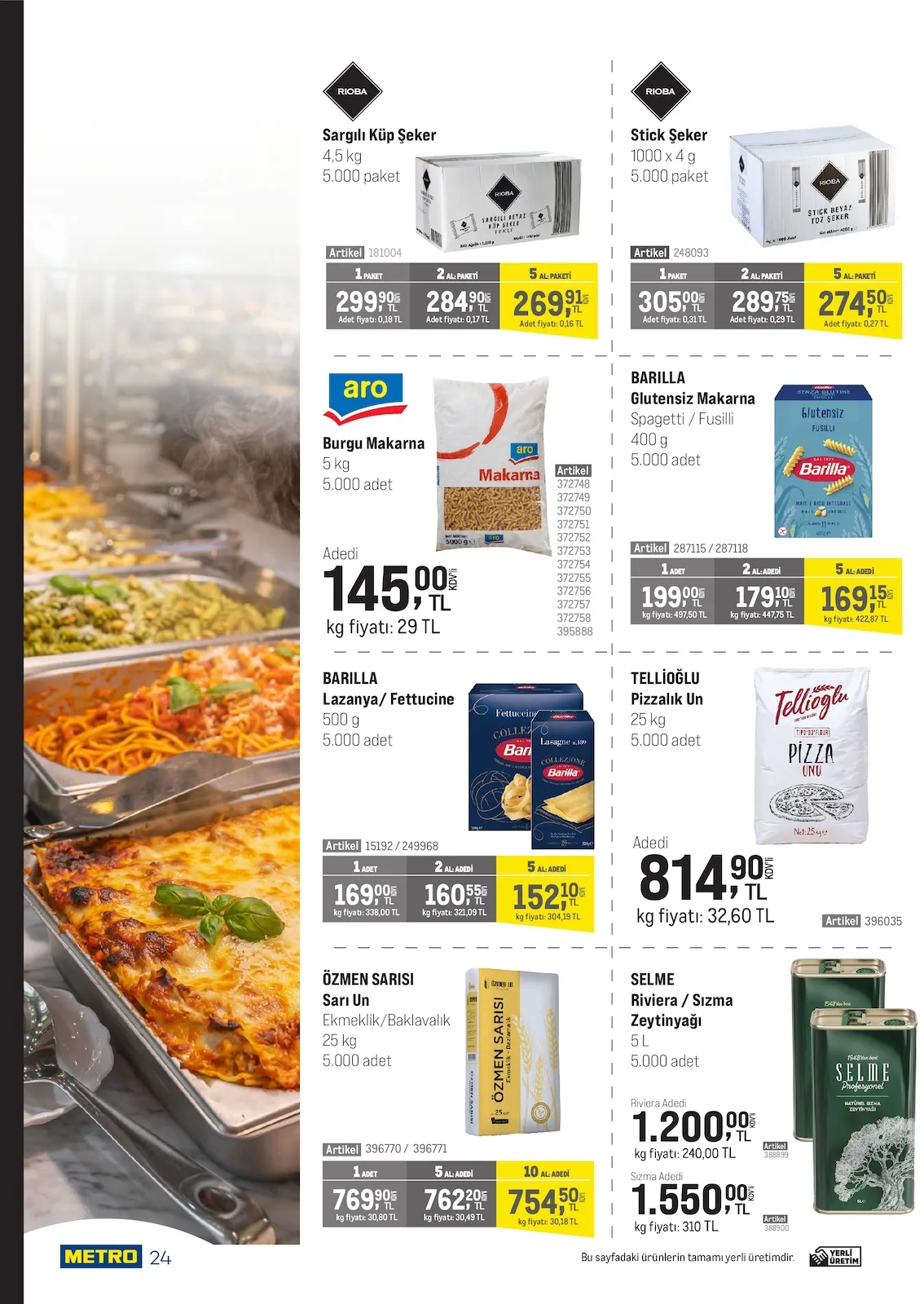 Metro Metro 18 Mart 2026 Aktüel Kataloğu sayfa 20: Aro Burgu Makarna 5 Kg, Tellioğlu Pizzalık Un 25 Kg