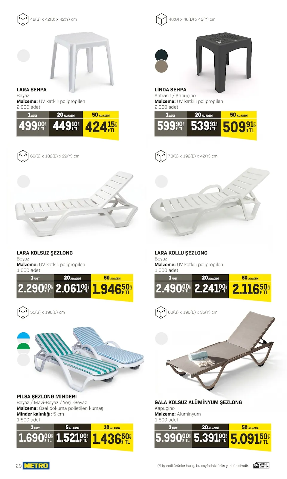 Metro Metro 10 Nisan 2026 Aktüel Kataloğu sayfa 29: Gala Kolsuz Alüminyum Şezlong 1 Adet, Pilsa Şezlong Minderi 1 Adet