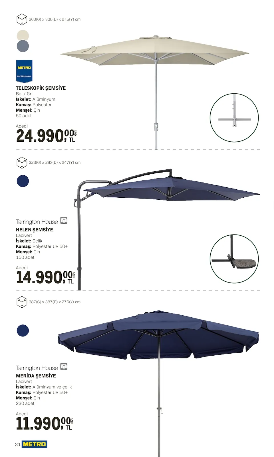 Metro Metro 10 Nisan 2026 Aktüel Kataloğu sayfa 31: Tarrington House Helen Şemsiye Lacivert, Metro Teleskopik Şemsiye Bej/Gri