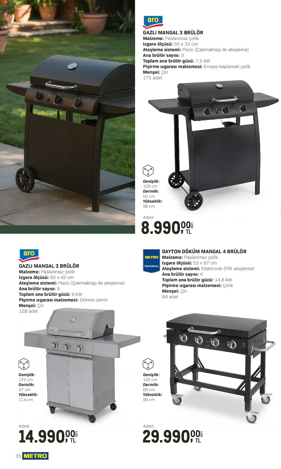 Metro Metro 10 Nisan 2026 Aktüel Kataloğu sayfa 35: Gazlı Mangal 120X68X99 Cm, Gazlı Mangal 109X52X98 Cm