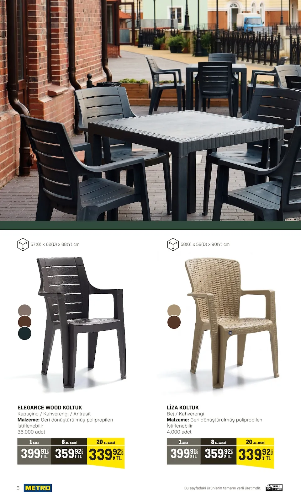 Metro Metro 10 Nisan 2026 Aktüel Kataloğu sayfa 5: Liza Koltuk Bej / Kahverengi 1 Adet, Elegance Wood Koltuk Kapucino / Kahverengi / Antrasit 1 Adet