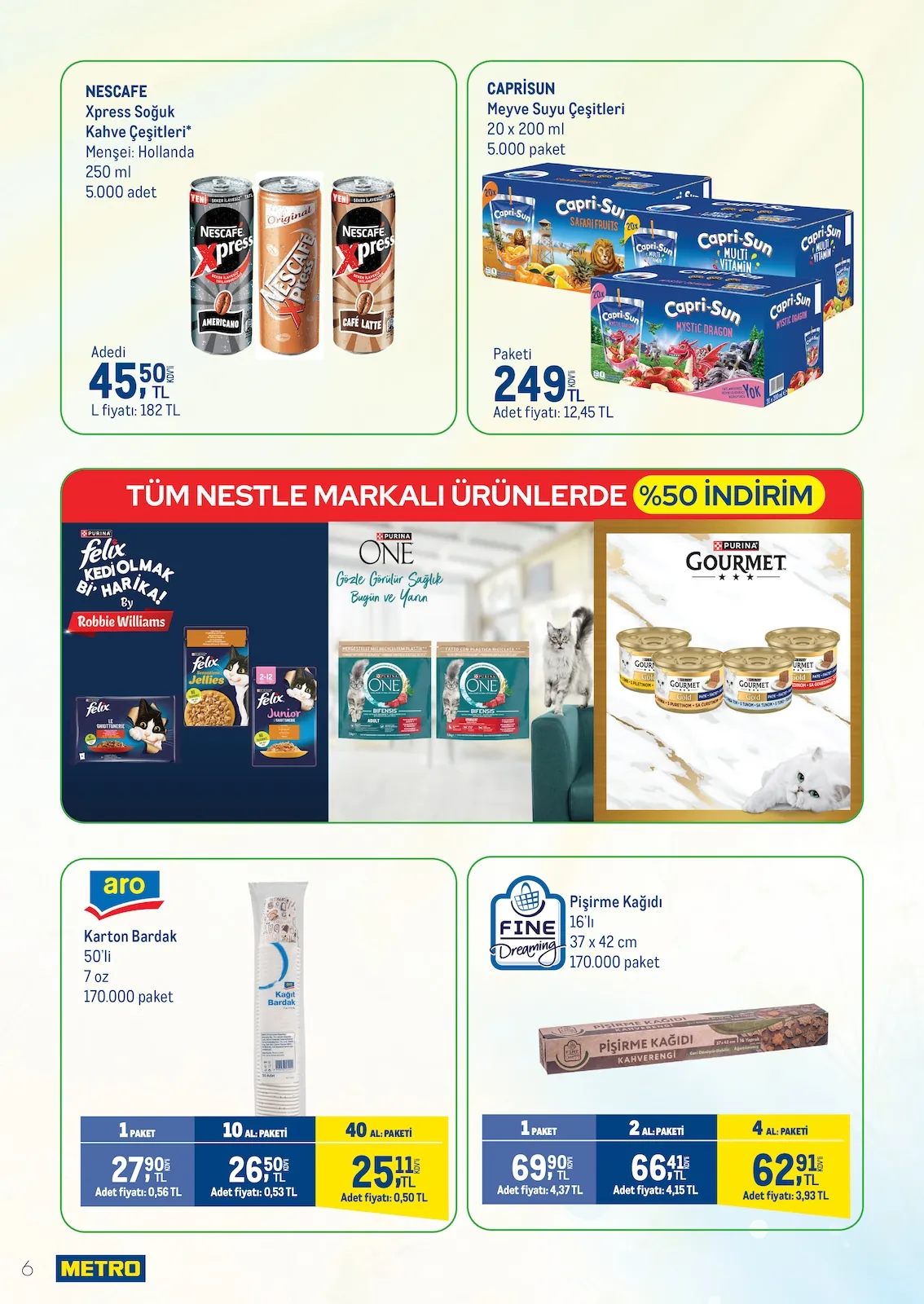 Metro Metro 16 Nisan 2026 Aktüel Kataloğu sayfa 6: Aro Karton Bardak 50'Li 7 Oz, Fine Dreaming Pişirme Kağıdı 16'Lı 37X42 Cm