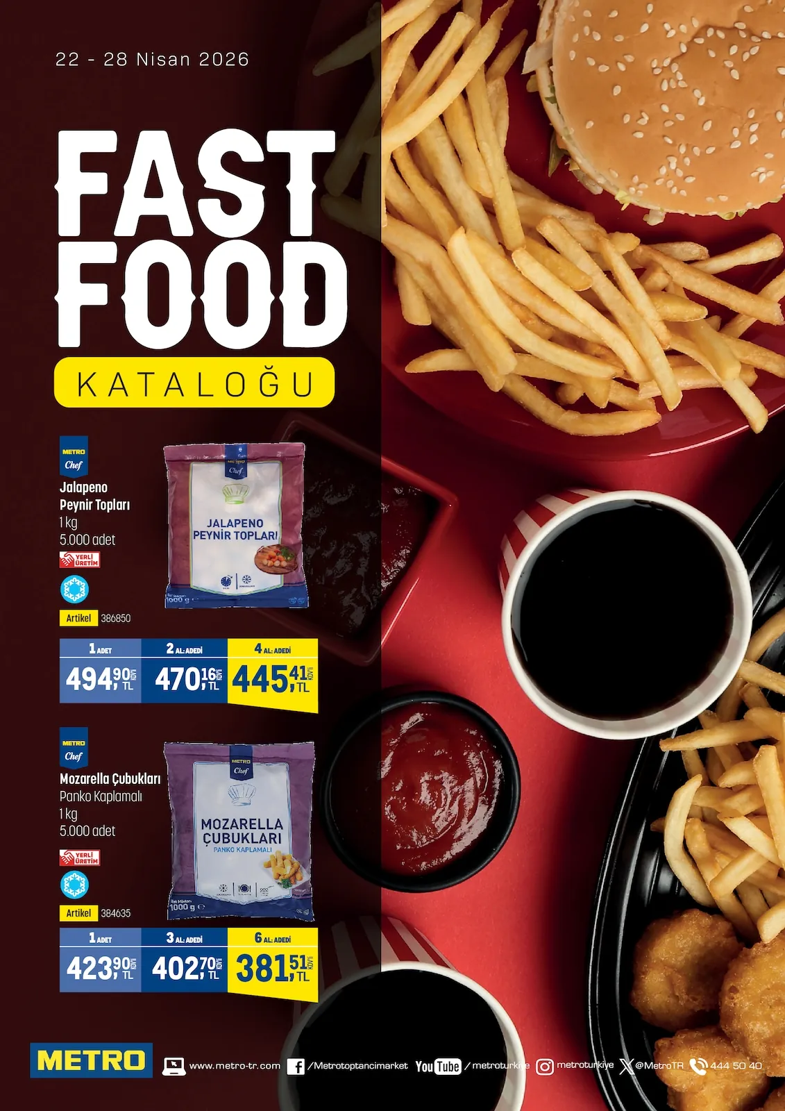 Metro Metro 22 Nisan 2026 Aktüel Kataloğu sayfa 1: Metro Chef Jalapeno Peynir Toplari 1Kg, Metro Chef Mozzarella Cubuklari Panko Kaplamali 1Kg