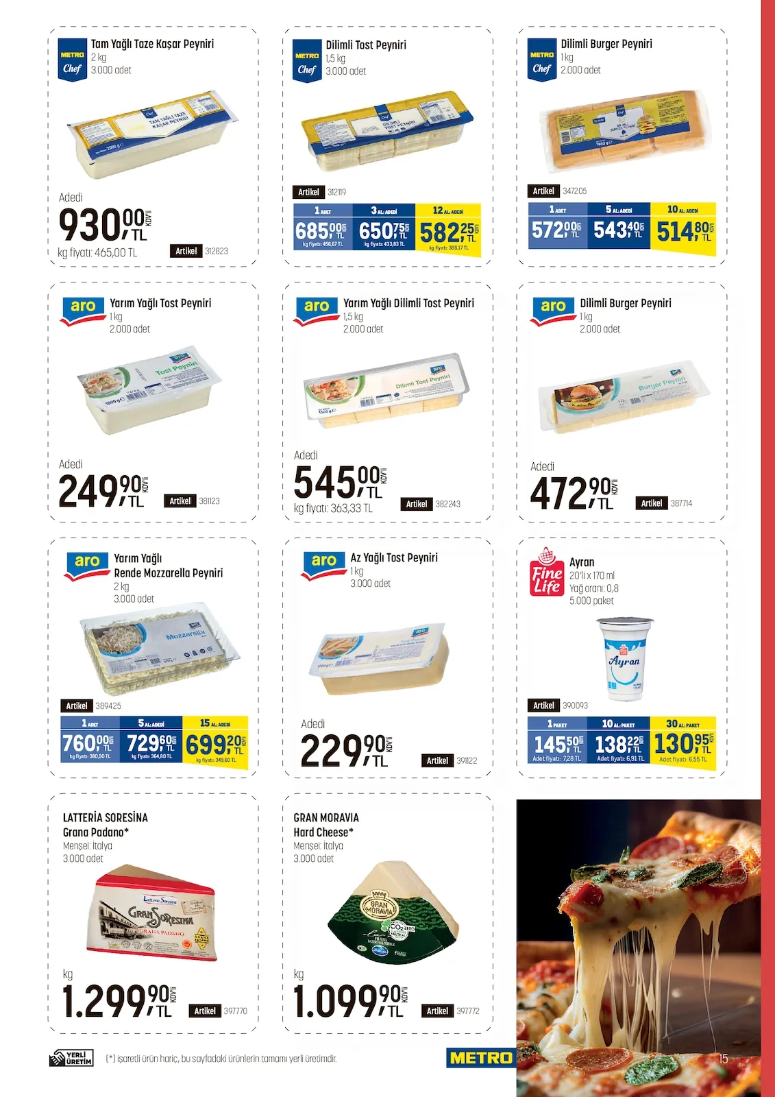 Metro Metro 22 Nisan 2026 Aktüel Kataloğu sayfa 15: Metro Chef Dilimli Toast Peyniri 1.5Kg, Aro Yarım Yağlı Rendeler Mozzarella Peyniri 2Kg