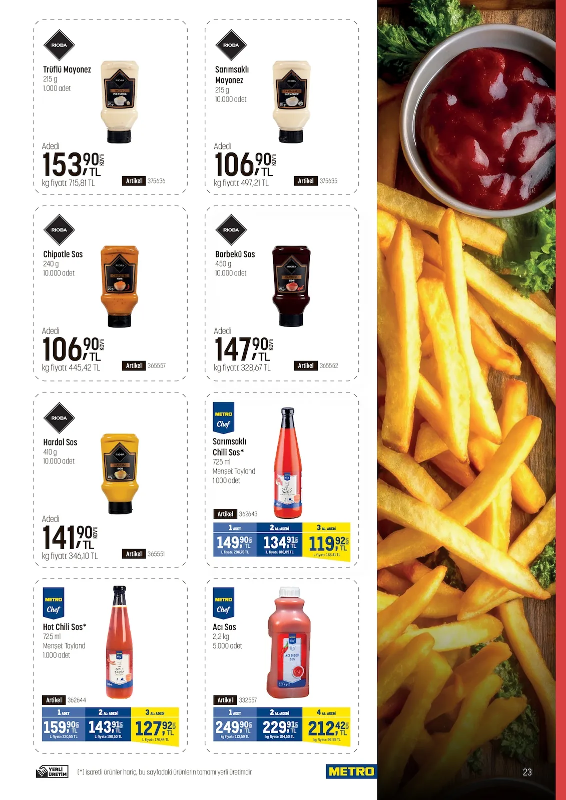 Metro Metro 22 Nisan 2026 Aktüel Kataloğu sayfa 23: Metro Chef Acı Sos 2,2 Kg, Metro Chef Sarımsaklı Chili Sos 725 Ml