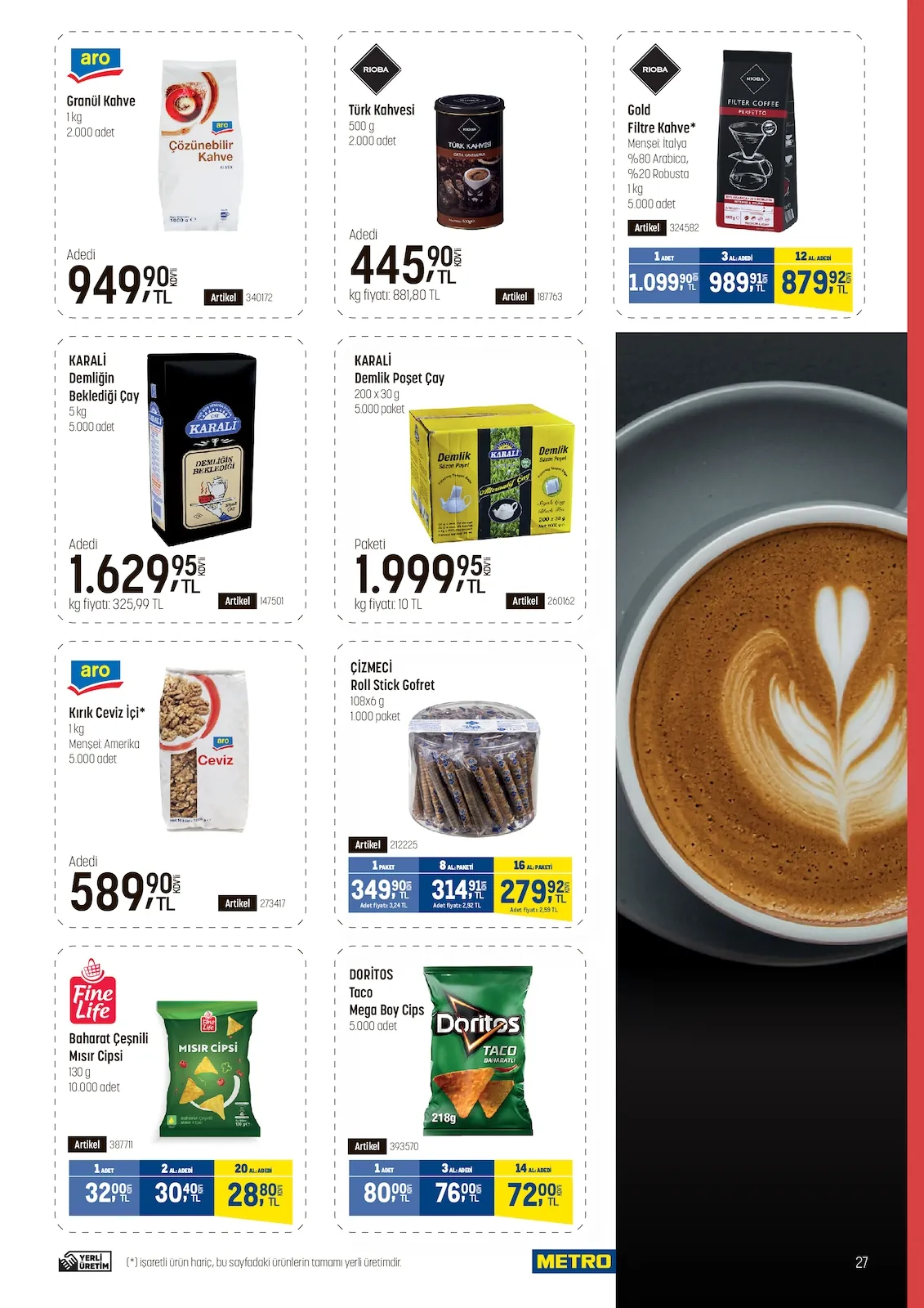 Metro Metro 22 Nisan 2026 Aktüel Kataloğu sayfa 27: Doritos Taco Mega Boy Cips 218G, Rioba Gold Filtre Kahve 1Kg