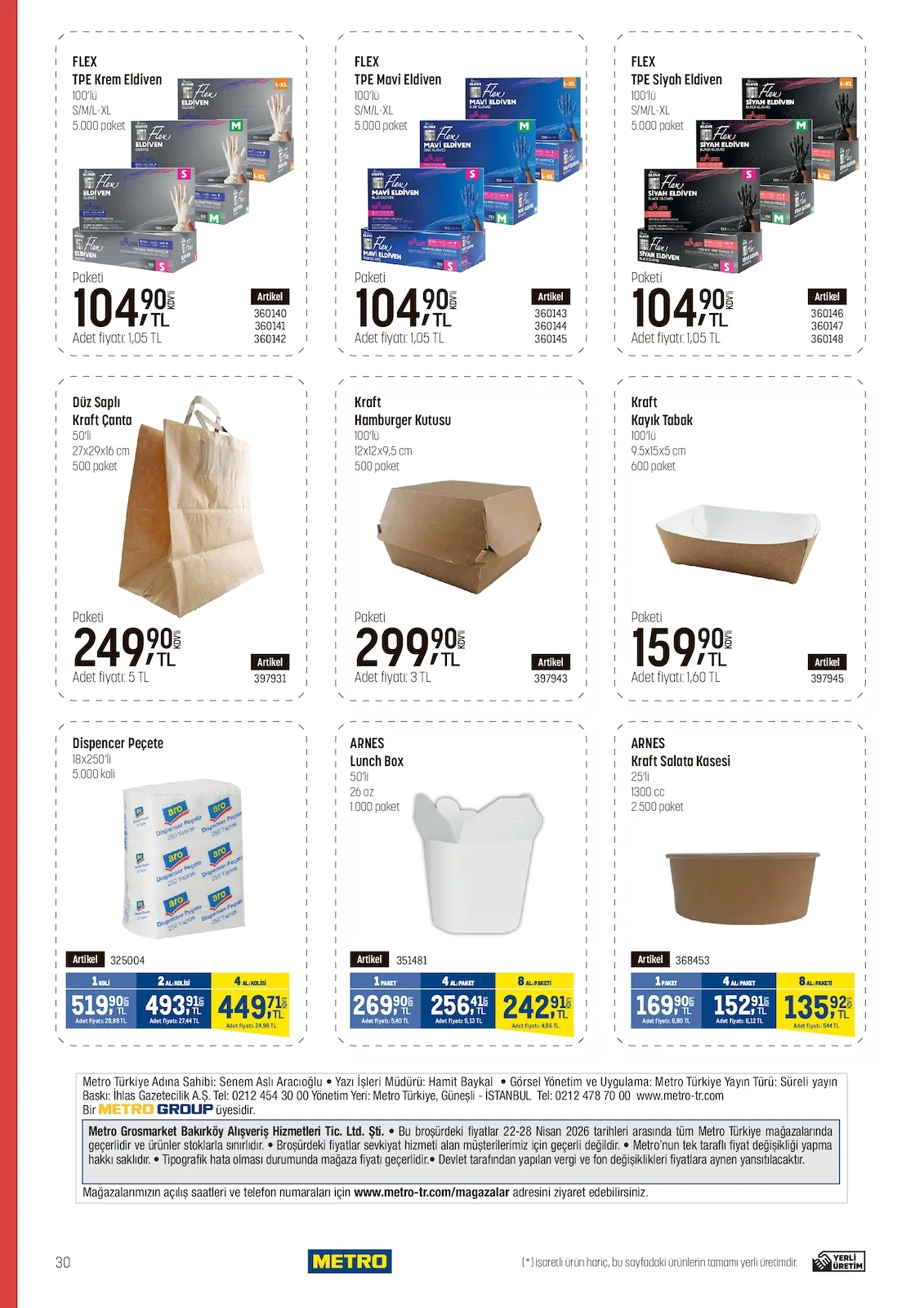 Metro Metro 22 Nisan 2026 Aktüel Kataloğu sayfa 30: Arnes Kraft Salata Kasesi 25'Li 1300Cc, Arnes Lunch Box 50'Li 26Oz