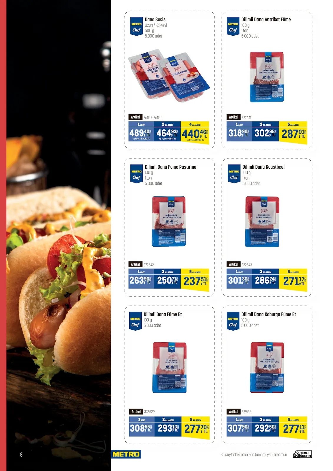 Metro Metro 22 Nisan 2026 Aktüel Kataloğu sayfa 8: Metro Chef Dana Sosis Uzun/Kokteyl 500G, Metro Chef Dilimli Dana Füme Pastırma 100G
