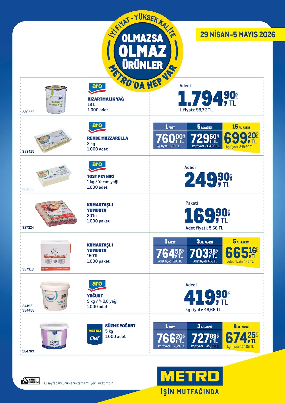 Metro Metro 29 Nisan 2026 Aktüel Kataloğu sayfa 1: Kumartaşlı Yumurta 150'Li 1.000 Paket, Aro Yoğurt 9 Kg / % 0,6 Yağlı 1.000 Adet