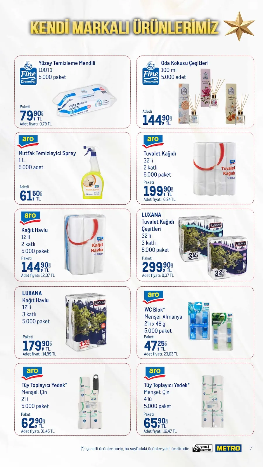 Metro Metro 1 Mayıs 2026 Aktüel Kataloğu sayfa 7: Aro Tuvalet Kağıdı 32Li 2 Katlı 5.000 Paket, Luxana Kağıt Havlu 12Li 3 Katlı 5.000 Paket