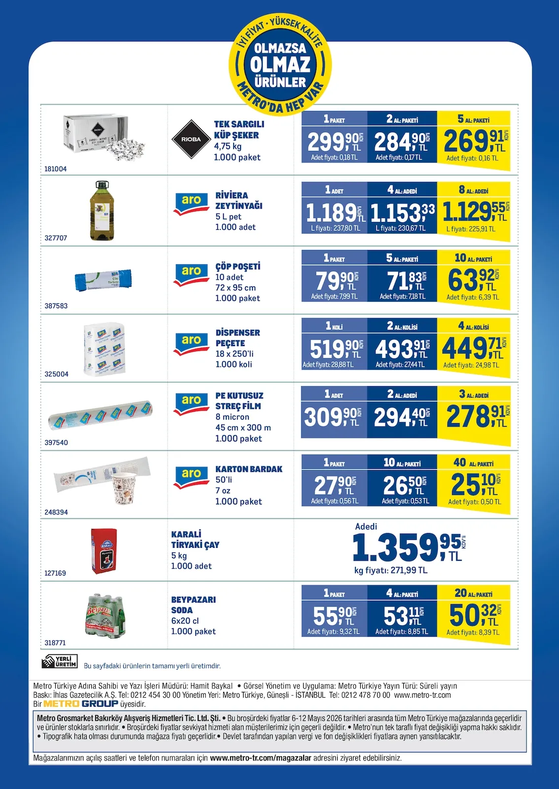 Metro Metro 6 Mayıs 2026 Aktüel Kataloğu sayfa 4: Aro Karton Bardak 50'Li 7 Oz 1.000 Paket, Aro Riviera Zeytinyağı 5 L Pet 1.000 Adet