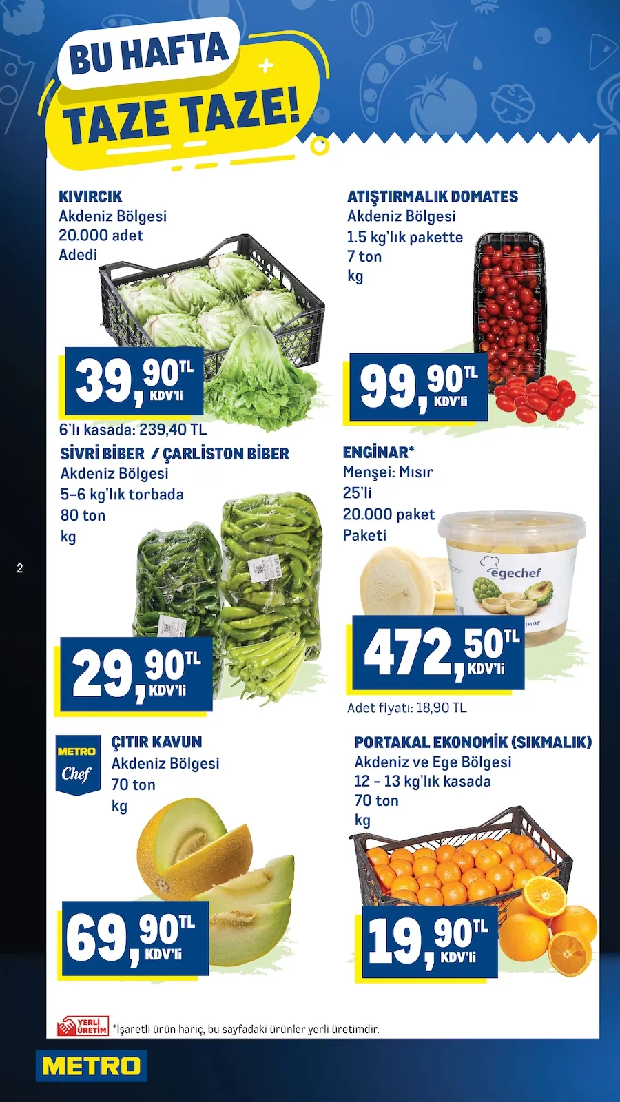 Metro Metro 13 Mayıs 2026 Aktüel Kataloğu sayfa 2: Portakal Ekonomik (Sikmalik) 12-13 Kg'Lik Kasada, Atistirmalik Domates 1.5 Kg'Lik Pakette