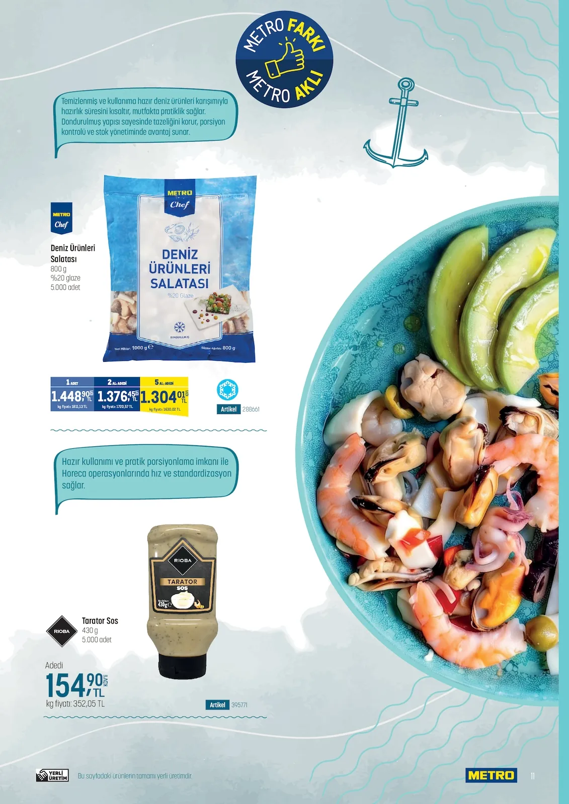 Metro Metro 14 Mayıs 2026 Aktüel Kataloğu sayfa 11: Metro Chef Deniz Ürünleri Salatası %20 Glaze 800G, Rioba Tarator Sos 430G
