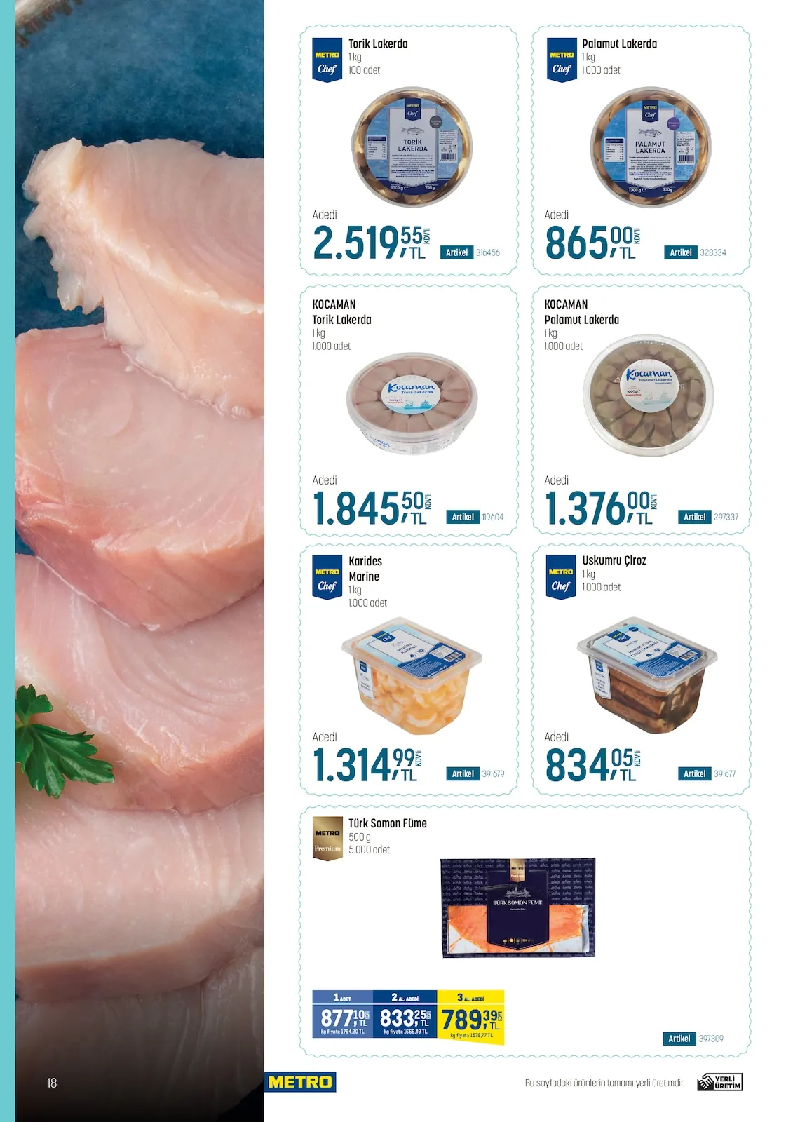Metro Metro 14 Mayıs 2026 Aktüel Kataloğu sayfa 18: Kocaman Torik Lakerda 1Kg, Metro Premium Türk Somon Füme 500G