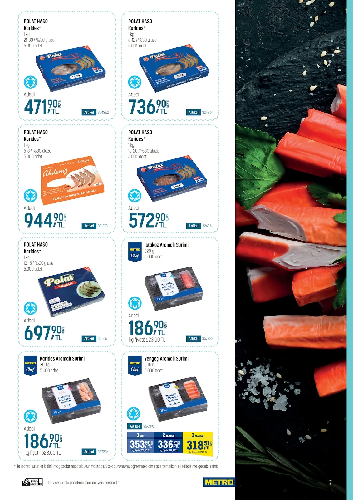 Metro Metro 14 Mayıs 2026 Aktüel Kataloğu sayfa 7: Metro Chef Istakoz Aromalı Surimi 320G, Metro Chef Yengeç Aromalı Surimi 500G