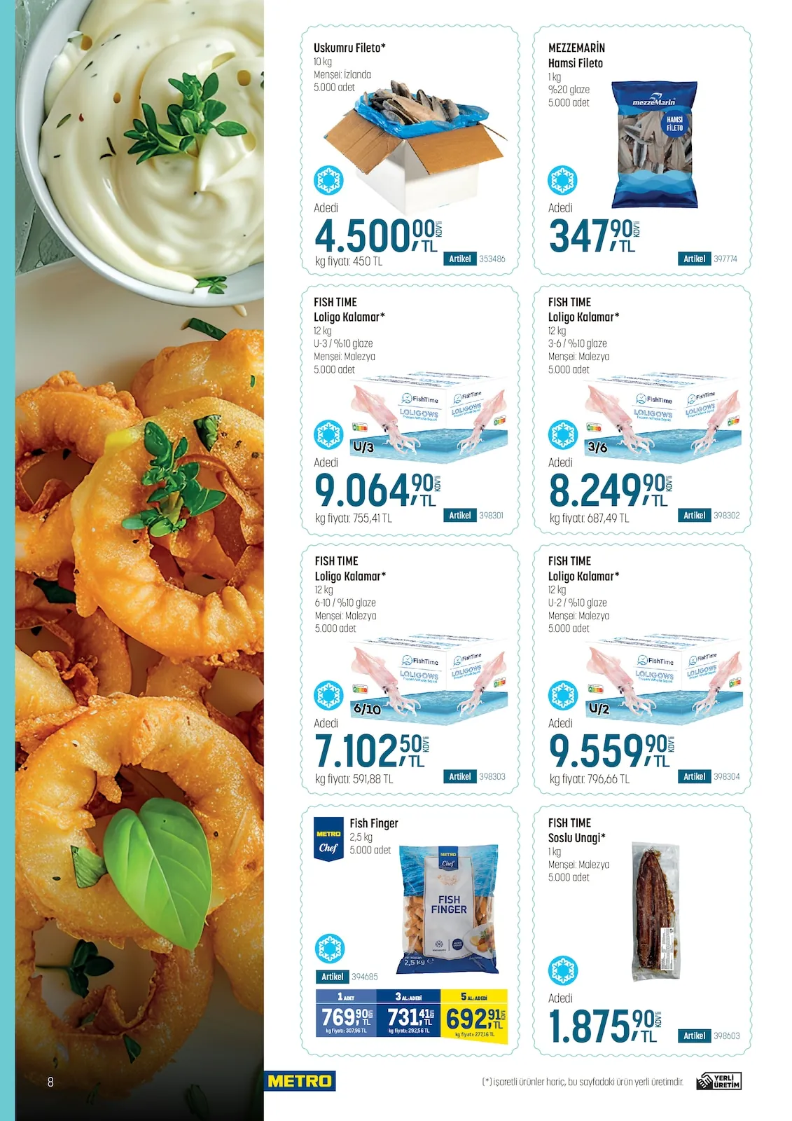 Metro Metro 14 Mayıs 2026 Aktüel Kataloğu sayfa 8: Fish Time Loligo Kalamar 12Kg, Metro Chef Fish Finger 2.5Kg