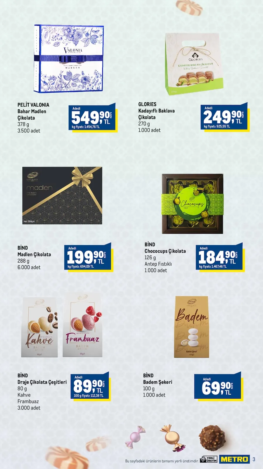 Metro Metro 20 Mayıs 2026 Aktüel Kataloğu sayfa 3: Glories Kadayifli Baklava Çikolata 270G, Bi̇nd Chococusp Chocolate 126G