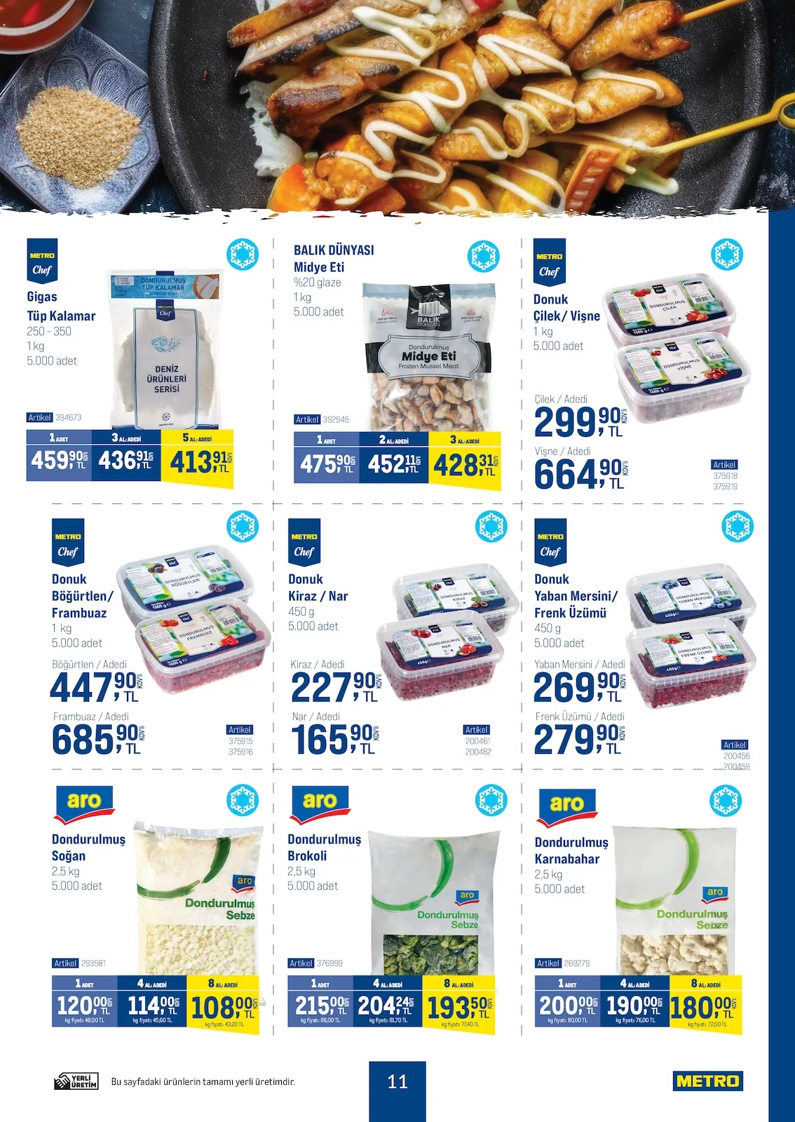Metro Metro 3 Haziran 2026 Aktüel Kataloğu sayfa 11: Metro Chef Gıgas Tüp Kalamar 1Kg, Metro Chef Donuk Yaban Mersini/Frenk Üzümü 450G