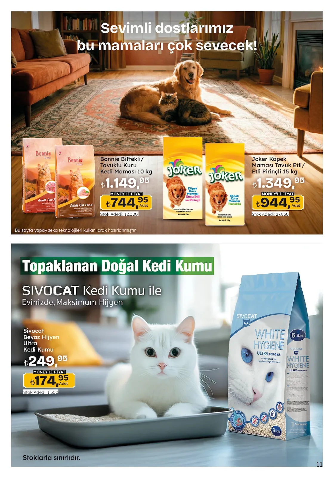 Migros Migros 12 Şubat 2026 Aktüel Kataloğu sayfa 11: Joker Köpek Maması Tavuk Etli/Etli Pirinçli 15 Kg, Bonnie Bifttekli/Tavuklu Kuru Kedi Maması 10 Kg