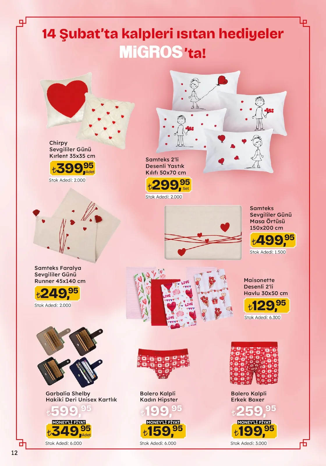 Migros Migros 12 Şubat 2026 Aktüel Kataloğu sayfa 12: Samteks Faralya Sevgililer Günü Runner 45X140 Cm, Garbalia Shelby Hakiki Deri Unisex Kartlık