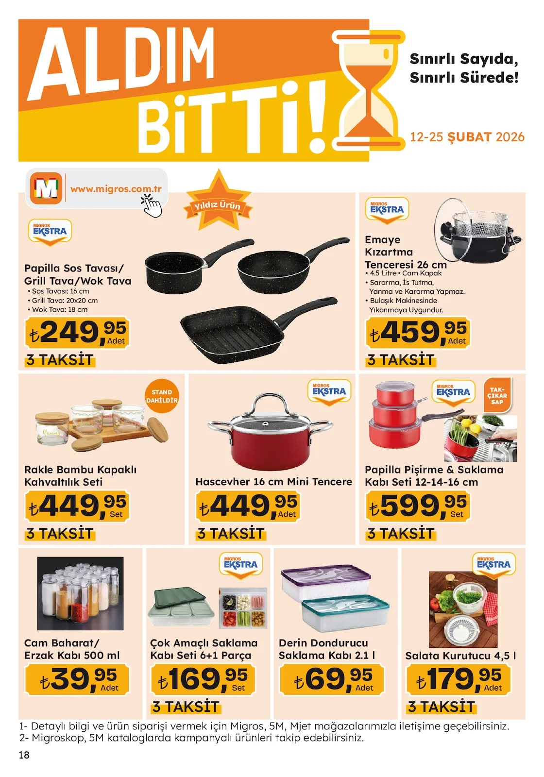 Migros Migros 12 Şubat 2026 Aktüel Kataloğu sayfa 18: Papilla Pişirme & Saklama Kabı Seti 12-14-16 Cm, Emaye Kızartma Tenceresi 26 Cm
