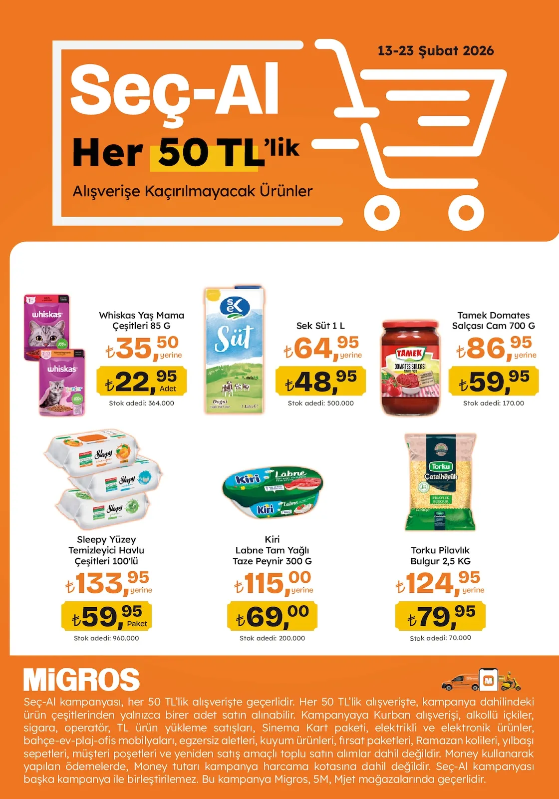 Migros Migros 12 Şubat 2026 Aktüel Kataloğu sayfa 2: Sleepy Yüzey Temizleyici Havlu Çeşitleri 100'Lü, Torku Pilavlık Bulgur 2,5 Kg