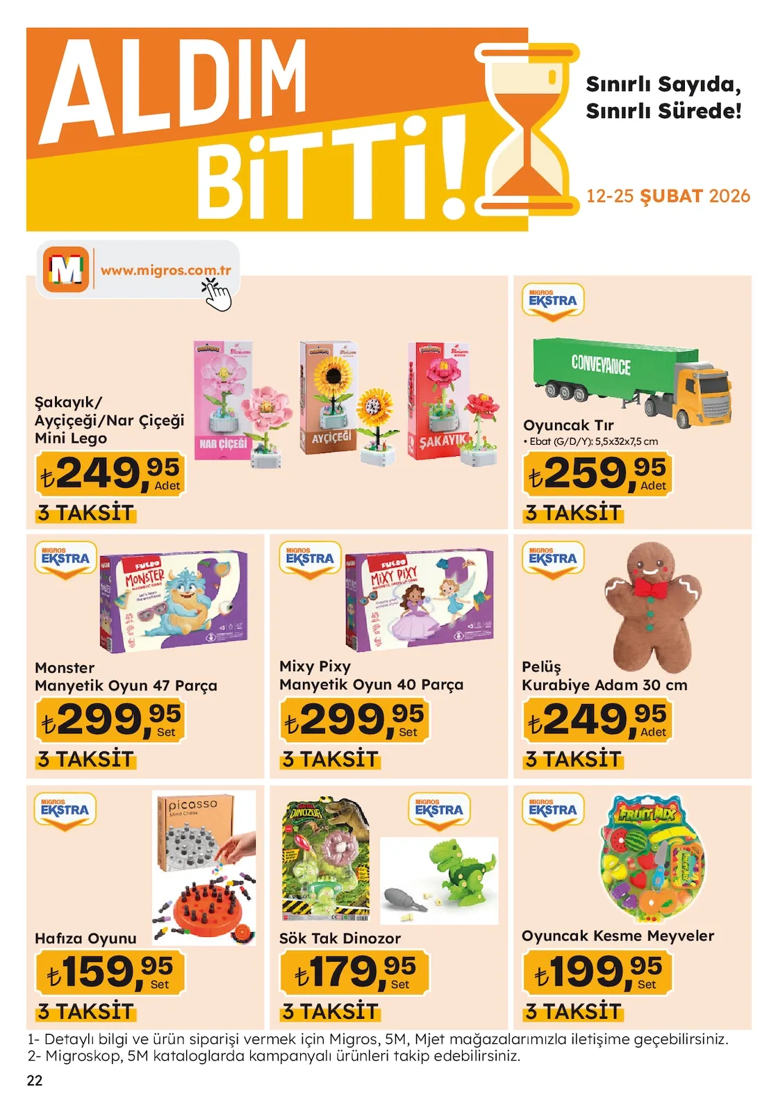 Migros Migros 12 Şubat 2026 Aktüel Kataloğu sayfa 22: Sök Tak Dinozor, Mixy Pixy Manyetik Oyun 40 Parça