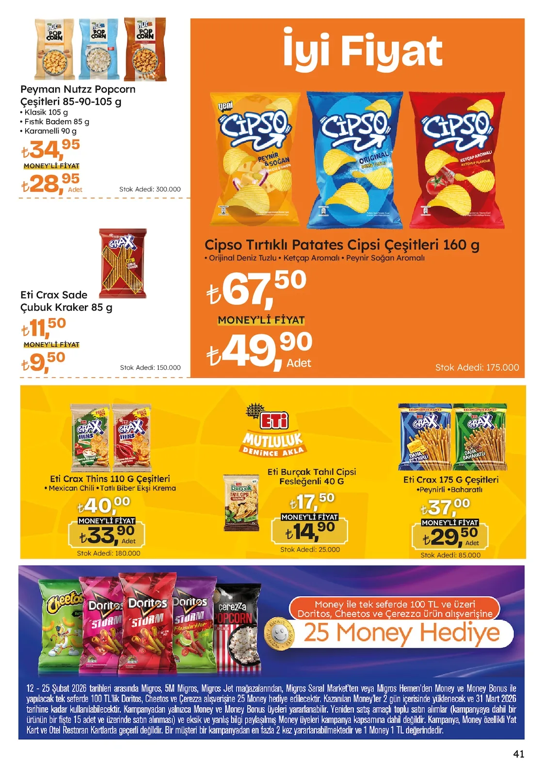 Migros Migros 12 Şubat 2026 Aktüel Kataloğu sayfa 41: Cipso Tırtıklı Patates Cipsi Çeşitleri 160 G, Peyman Nutzz Popcorn Çeşitleri 85-90-105 G