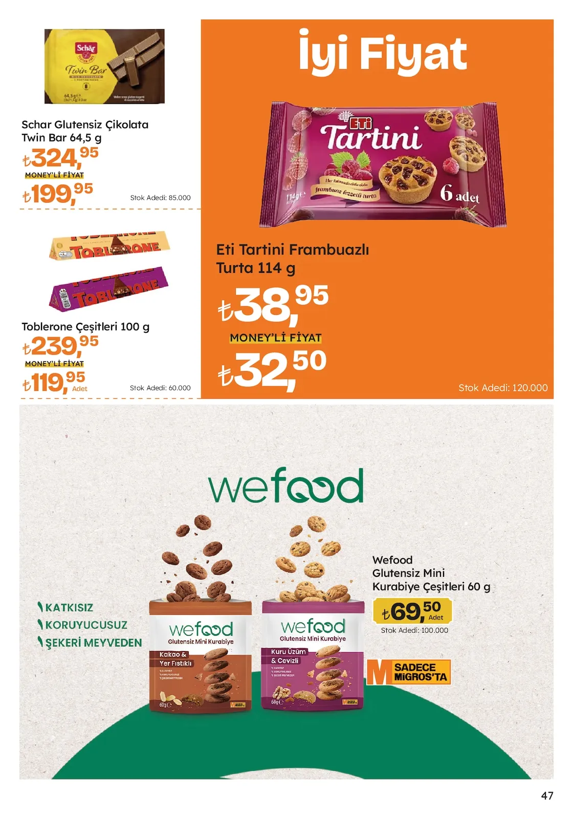 Migros Migros 12 Şubat 2026 Aktüel Kataloğu sayfa 47: Eti Tartini Frambuazlı Turta 114 G, Schar Glutensiz Çikolata Twin Bar 64,5 G