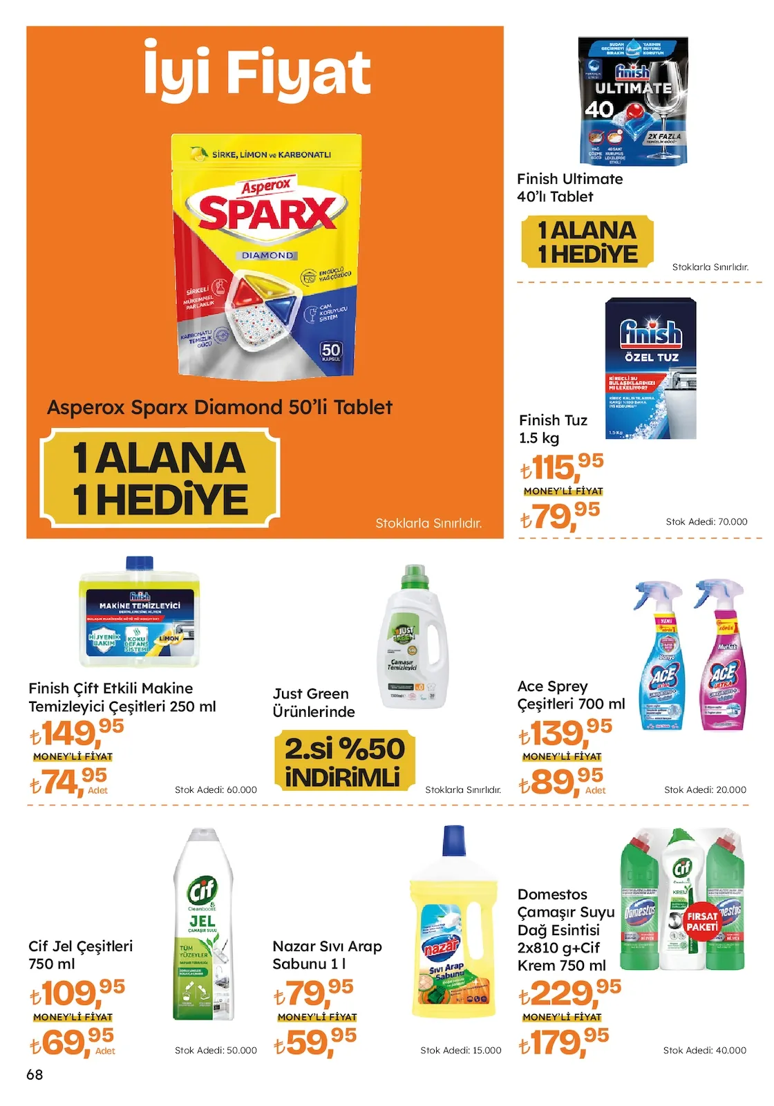 Migros Migros 12 Şubat 2026 Aktüel Kataloğu sayfa 68: Finish Tuz 1.5 Kg, Finish Çift Etkili Makine Temizleyici Çeşitleri 250 Ml