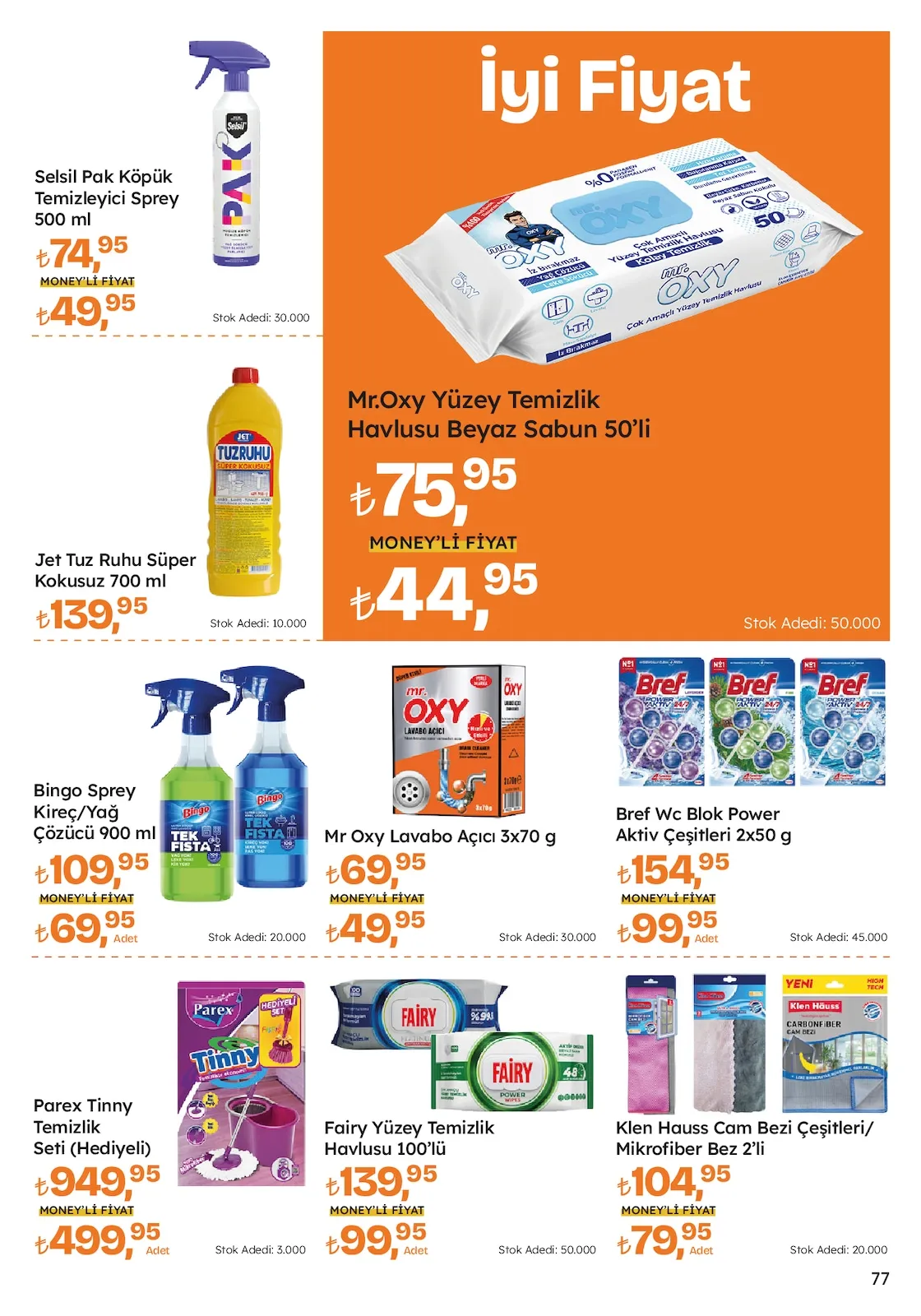 Migros Migros 12 Şubat 2026 Aktüel Kataloğu sayfa 77: Mr.Oxy Yüzey Temizlik Havlusu Beyaz Sabun 50'Li, Bref Wc Blok Power Aktiv Çeşitleri 2X50 G