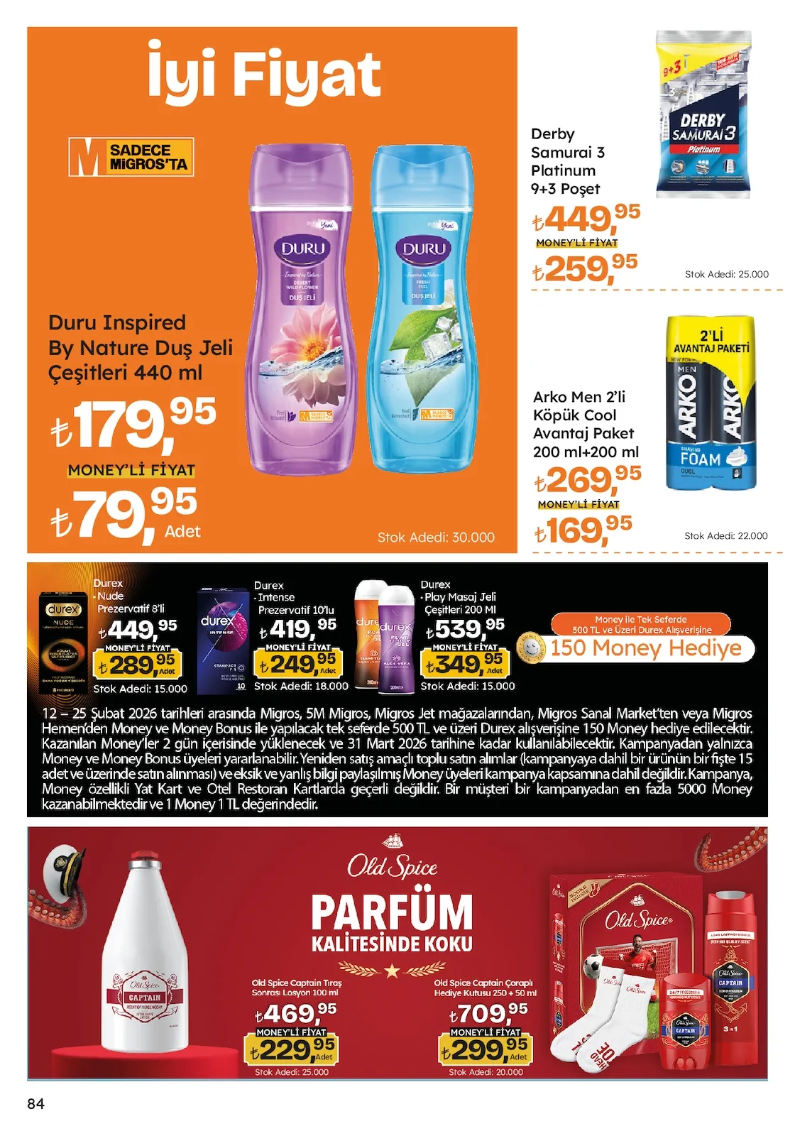 Migros Migros 12 Şubat 2026 Aktüel Kataloğu sayfa 84: Duru Inspired By Nature Duş Jeli Çeşitleri 440 Ml, Derby Samurai 3 Platinum 9+3 Poşet