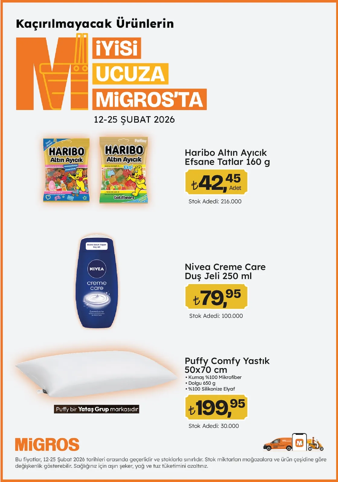 Migros Migros 12 Şubat 2026 Aktüel Kataloğu sayfa 94: Puffy Comfy Yastık 50X70 Cm, Nivea Creme Care Duş Jeli 250 Ml