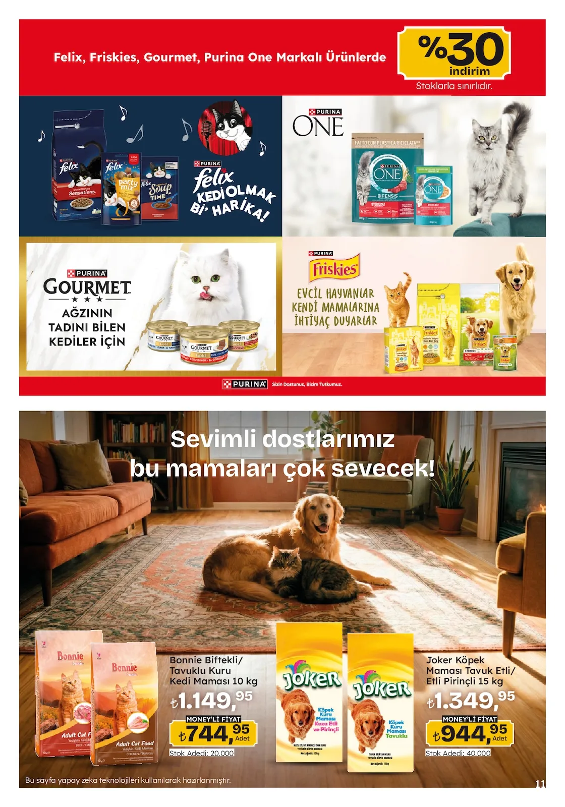 Migros Migros 26 Şubat 2026 Aktüel Kataloğu sayfa 11: Joker Köpek Maması Tavuk Etli/ Etli Pirinçli 15 Kg, Bonnie Bifttekli/ Tavuklu Kuru Kedi Maması 10 Kg