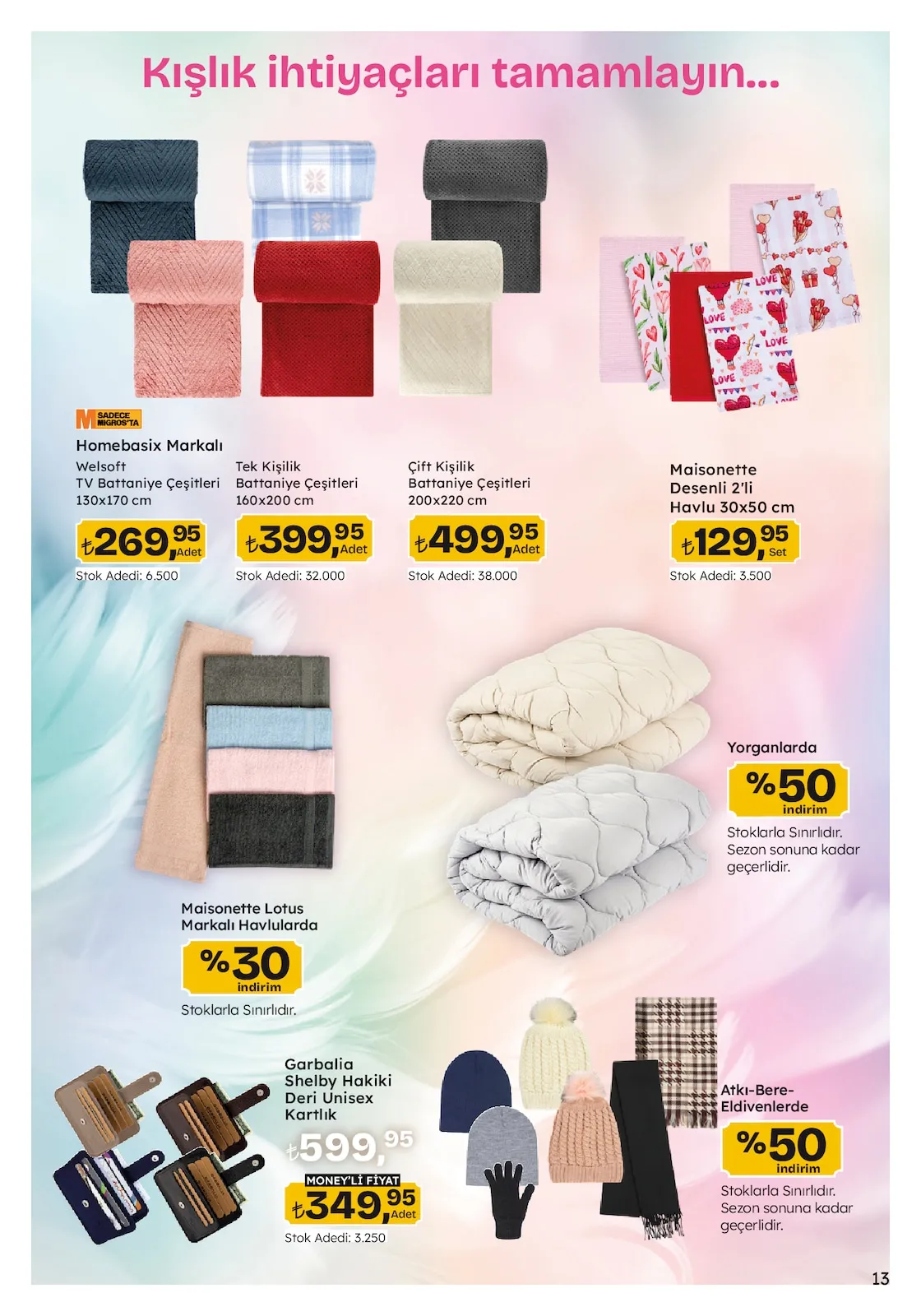 Migros Migros 26 Şubat 2026 Aktüel Kataloğu sayfa 13: Maisonette Desenli 2'Li Havlu 30X50 Cm, Garbalia Shelby Hakiki Deri Unisex Kartlık