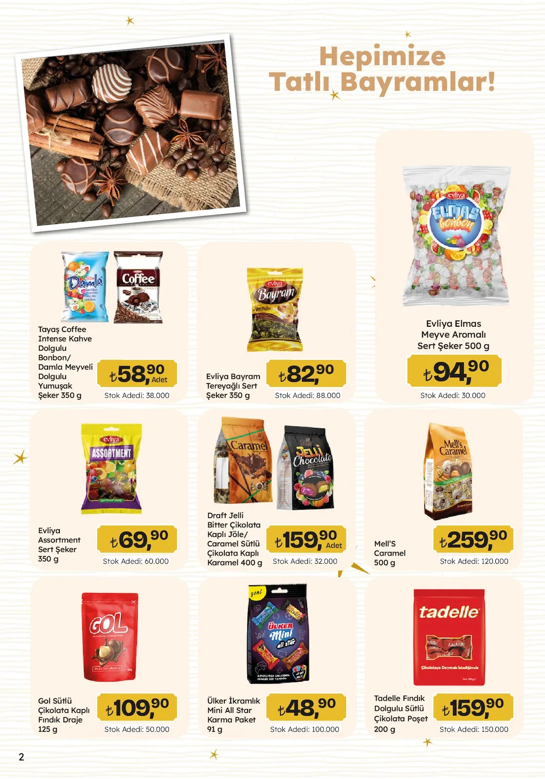 Migros Migros 12 Mart 2026 Aktüel Kataloğu sayfa 2: Mell'S Caramel 500 G, Tayaş Coffee Intense Kahve Dolgulu Bonbon/ Damla Meyveli Dolgulu Yumuşak Şeker 350 G