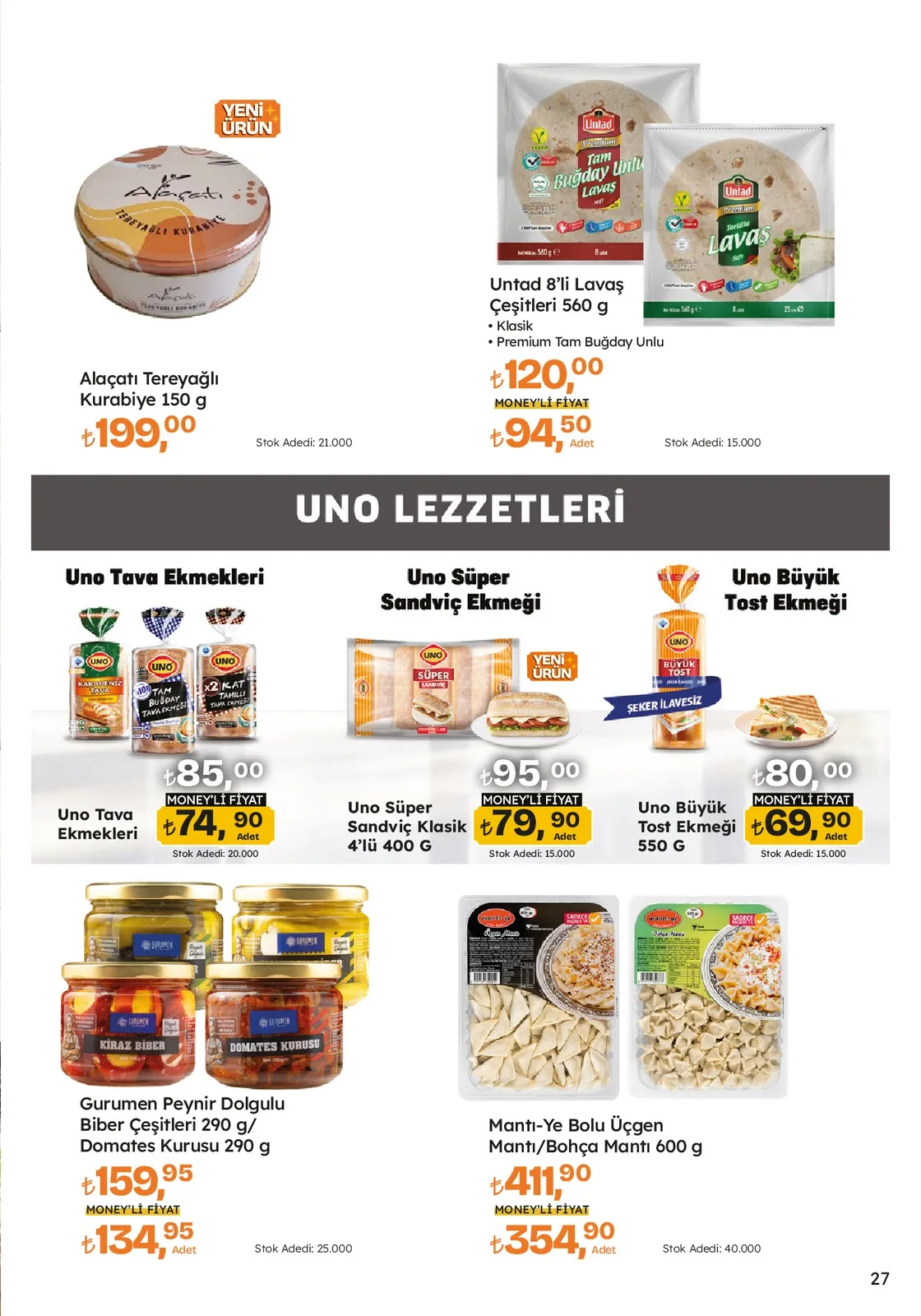 Migros Migros 12 Mart 2026 Aktüel Kataloğu sayfa 27: Uno Süper Sandviç Klasik 4'Lü 400 G, Mantı-Ye Bolu Üçgen Mantı/Bohça Mantı 600 G