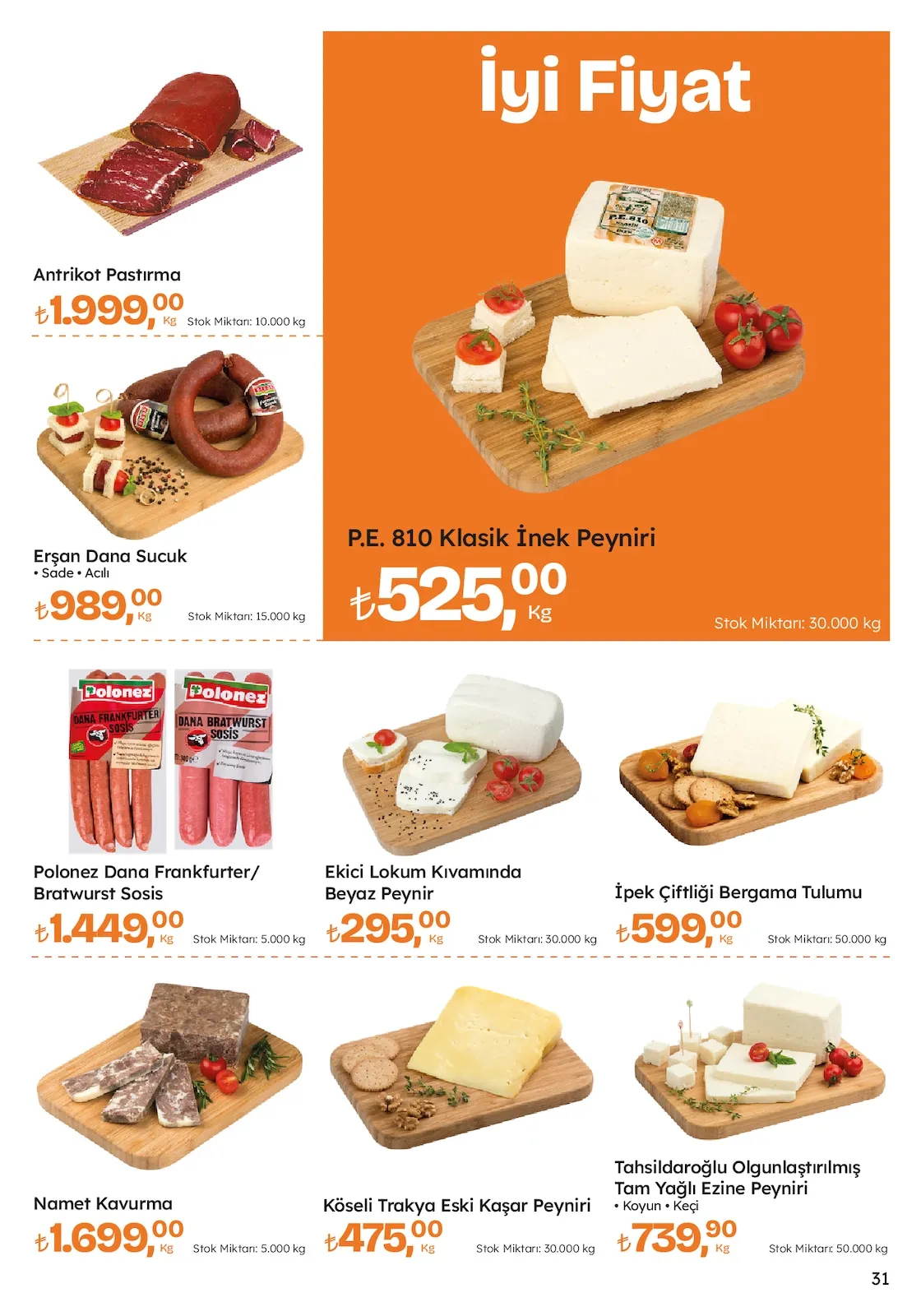 Migros Migros 12 Mart 2026 Aktüel Kataloğu sayfa 31: P.E. 810 Klasik İnek Peyniri, Polonez Dana Frankfurter/ Bratwurst Sosis